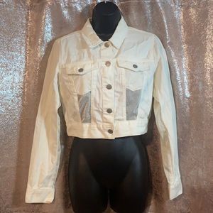 Off white denim crop jacket with sheer material